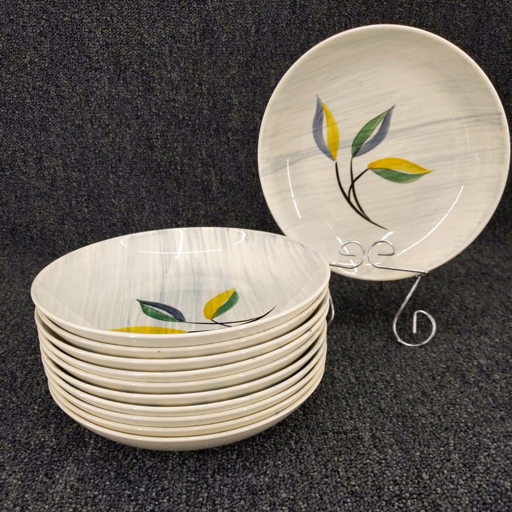 vtg 1950s Stetson Salad‎ Plates Set of 11 Gray Hand Painted Leaf 8" MCM 1954